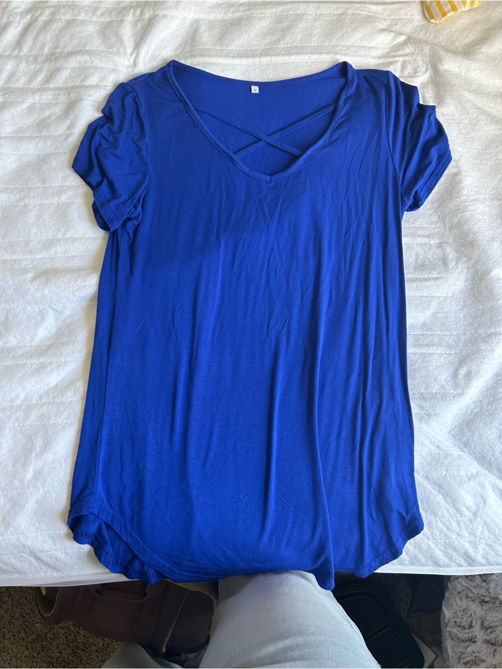 Women’s Royal Blue Short Sleeve V-Neck Top with Crisscross Detail